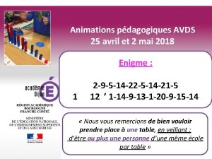 Animations pdagogiques AVDS 25 avril et 2 mai