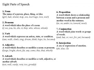 Eight Parts of Speech 1 Noun The name