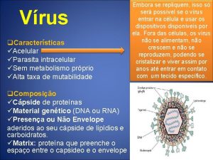 Vrus q Caractersticas Acelular Parasita intracelular Sem metabolismo