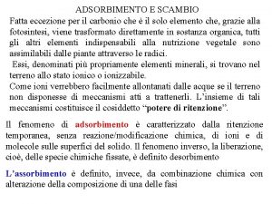 ADSORBIMENTO E SCAMBIO Fatta eccezione per il carbonio