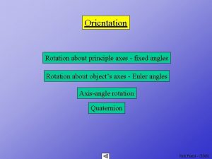 Orientation Rotation about principle axes fixed angles Rotation