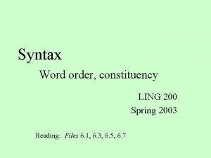 Syntax Word order constituency LING 200 Spring 2003