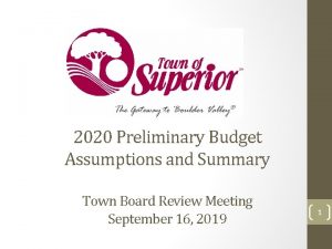 2020 Preliminary Budget Assumptions and Summary Town Board