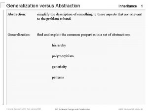 Generalization versus Abstraction Inheritance 1 Abstraction simplify the