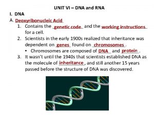 UNIT VI DNA and RNA I DNA A