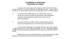 GOVERNMENT OF PUDUCHERRY DEPARTMENT OF TOURISM Government of