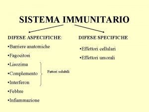 SISTEMA IMMUNITARIO DIFESE ASPECIFICHE DIFESE SPECIFICHE Barriere anatomiche