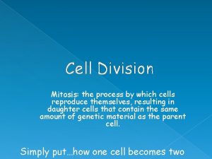 Cell Division Mitosis the process by which cells