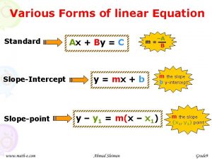 Various Forms of linear Equation Standard SlopeIntercept Slopepoint