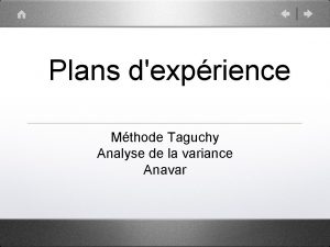 Plans dexprience Mthode Taguchy Analyse de la variance