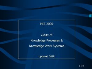 MIS 2000 Class 15 Knowledge Processes Knowledge Work