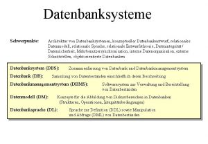 Datenbanksysteme Schwerpunkte Architektur von Datenbanksystemen konzeptueller Datenbankentwurf relationales