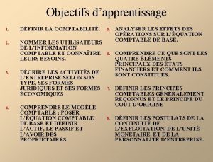 Objectifs dapprentissage 1 DFINIR LA COMPTABILIT 2 NOMMER