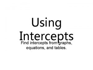 Using Intercepts Find intercepts from graphs equations and