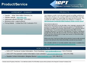 ProductService PRODUCTS AGREEMENT SUMMARY u u u Supplier