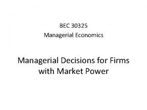 BEC 30325 Managerial Economics Managerial Decisions for Firms