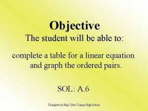 Objective The student will be able to complete