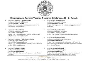 Undergraduate Summer Vacation Research Scholarships 2016 Awards Applicant
