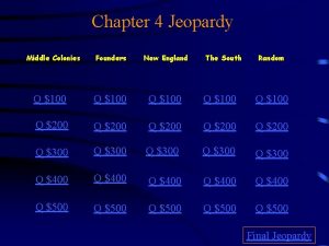 Chapter 4 Jeopardy Middle Colonies Founders New England