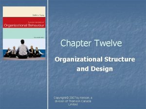 Chapter Twelve Organizational Structure and Design Copyright 2007
