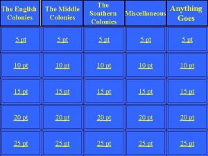 The English Colonies The Middle Colonies The Southern