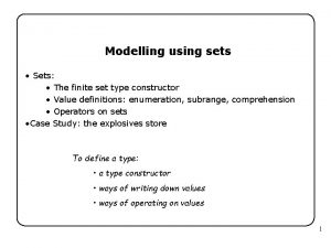 Modelling using sets Sets The finite set type
