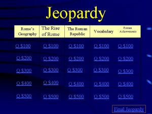 Jeopardy The Rise of Rome The Roman Republic