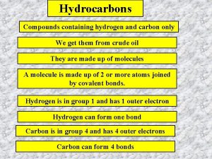 Hydrocarbons Compounds containing hydrogen and carbon only We