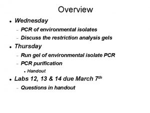 Overview Wednesday PCR of environmental isolates Discuss the