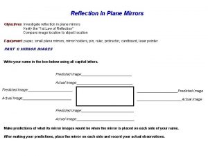 Reflection in Plane Mirrors Objectives Investigate reflection in