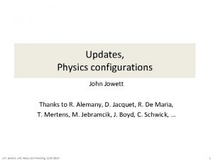 Updates Physics configurations John Jowett Thanks to R