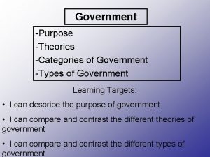 Government Purpose Theories Categories of Government Types of