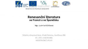 Renesann literatura ve Francii a ve panlsku Mgr