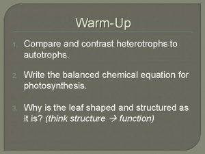 WarmUp 1 Compare and contrast heterotrophs to autotrophs