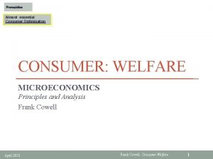 Prerequisites Almost essential Consumer Optimisation CONSUMER WELFARE MICROECONOMICS