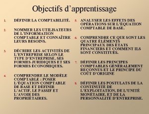 Objectifs dapprentissage 1 DFINIR LA COMPTABILIT 2 NOMMER