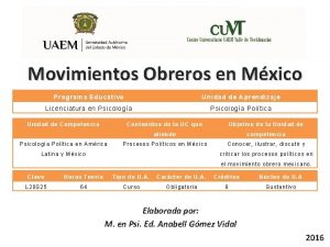 Movimientos Obreros en Mxico Programa Educativo Unidad de