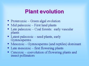 Plant evolution Proterozoic Green algal evolution Mid paleozoic