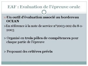 EAF Evaluation de lpreuve orale Un outil dvaluation