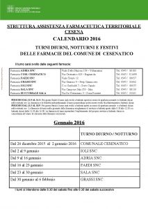 STRUTTURA ASSISTENZA FARMACEUTICA TERRITORIALE CESENA CALENDARIO 2016 TURNI