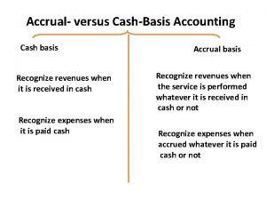 Accrual versus CashBasis Accounting Cash basis Recognize revenues