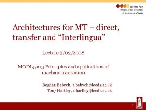 Architectures for MT direct transfer and Interlingua Lecture
