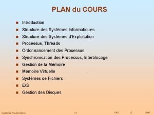 PLAN du COURS Introduction Structure des Systmes Informatiques