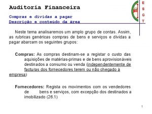 Auditoria Financeira Compras e dvidas a pagar Descrio