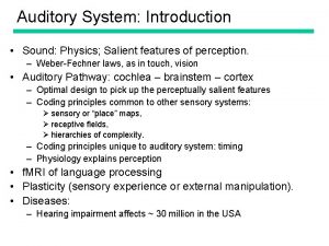 Auditory System Introduction Sound Physics Salient features of Auditory System Introduction Sound Physics Salient features of