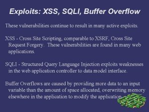 Exploits XSS SQLI Buffer Overflow These vulnerabilities continue