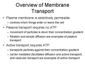 Overview of Membrane Transport Plasma membrane is selectively