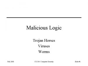 Malicious Logic Trojan Horses Viruses Worms Fall 2008