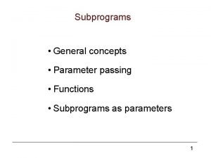 Subprograms General concepts Parameter passing Functions Subprograms as