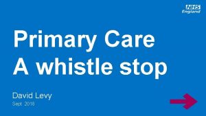Primary Care A whistle stop David Levy Sept